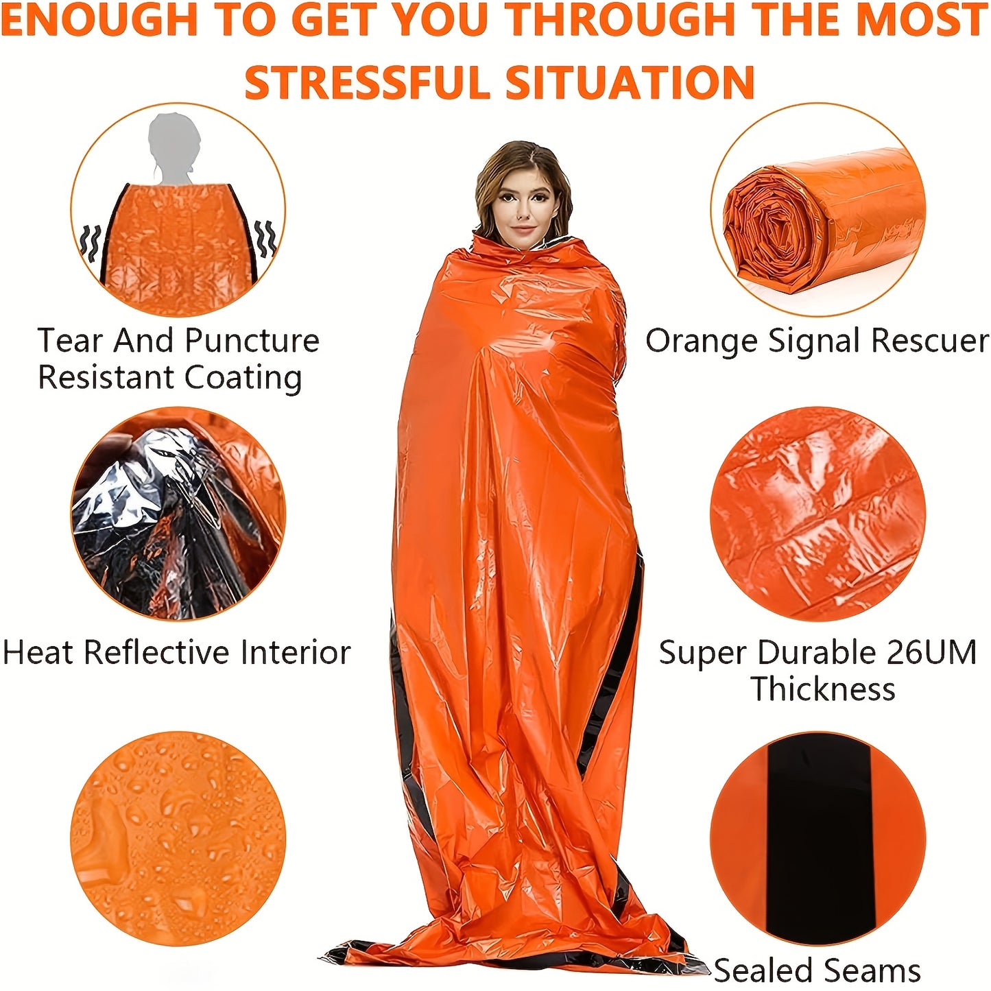 1pc Lightweight Survival Sleeping Bag - Compact Emergency Shelter, Bright Orange for High Visibility, All-Weather Thermal Insulation, Portable with Drawstring Closure for Camping, Hiking, Backpacking, Survival Kits - Extreme