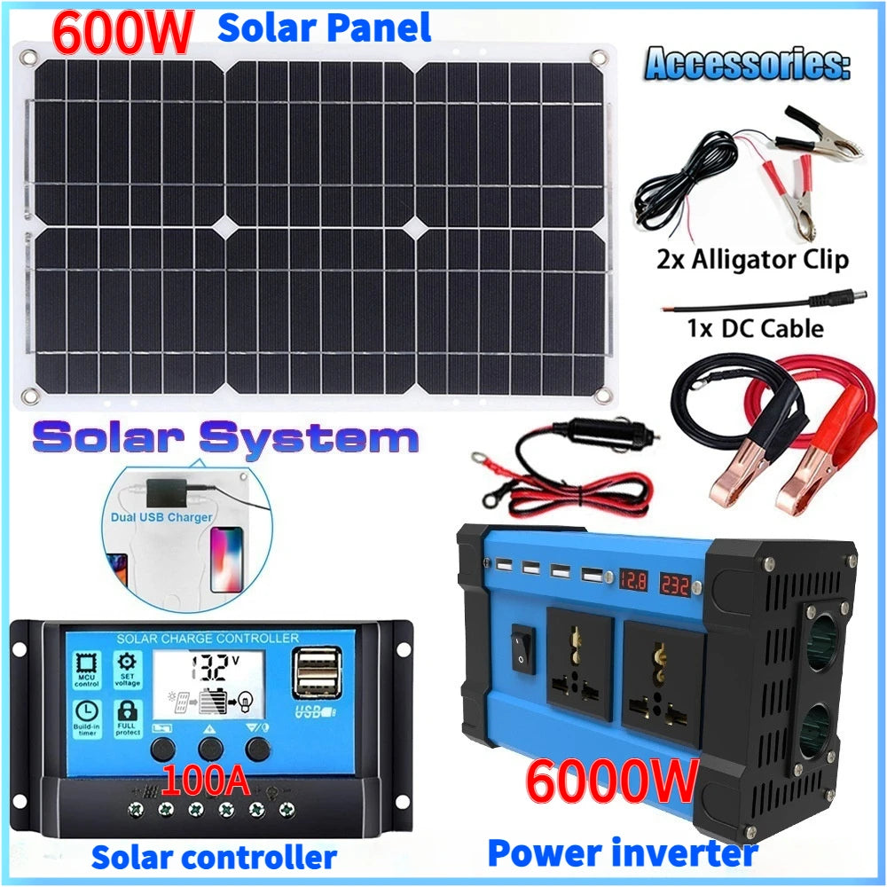 All-in-One 6000W Solar Generator: 600W Panel + MPPT Controller & Dual Voltage Inverter (110V/220V) for Home & RV & Camping