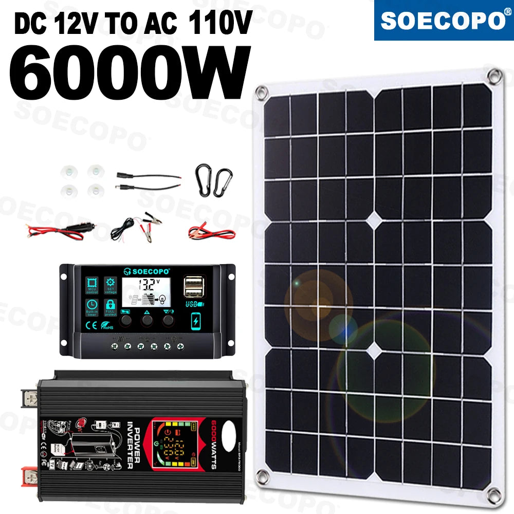 6000W Solar Generator 500W Panel 12V DC to 220V110V Inverter 100A Controller Off-Grid System for RV Camping CE RoHS