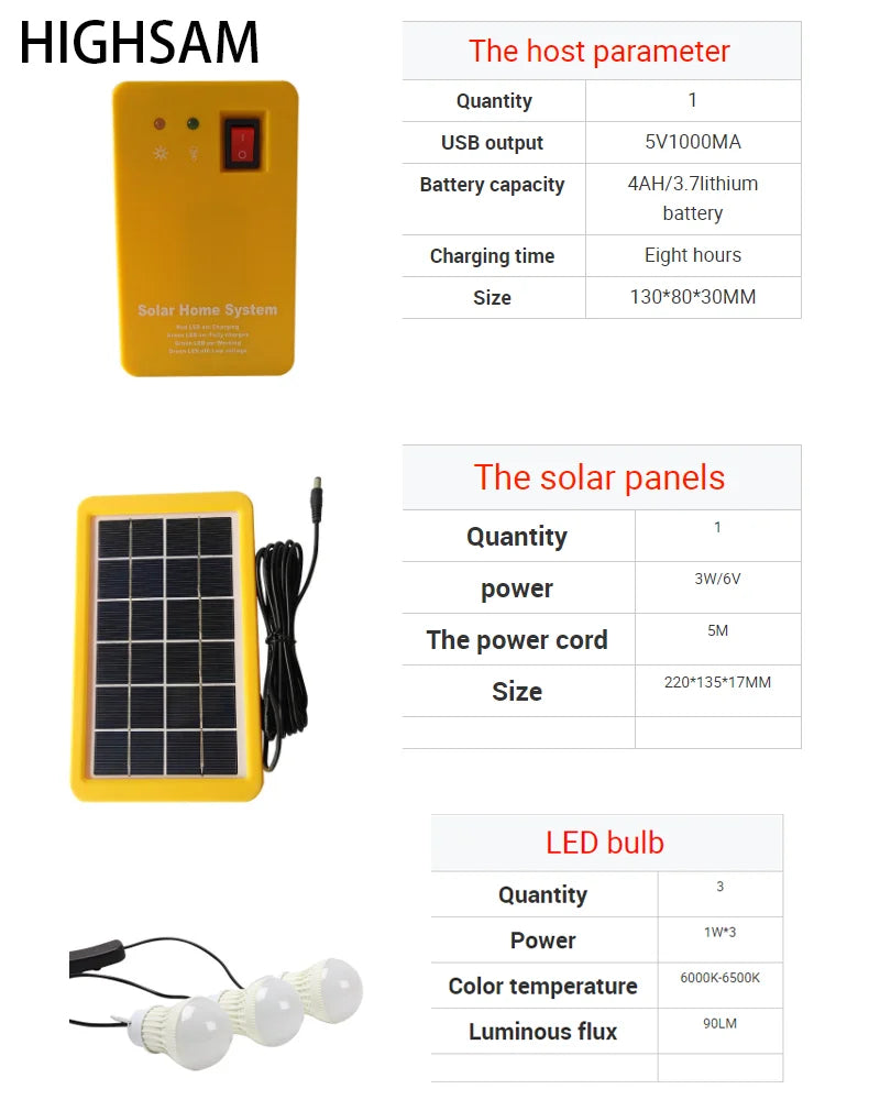 Solar Power Panel Generator Home System Kit With 3 LED Bulbs Solar Lamp Emergency Light 4 Heads USB Charging for Outdoor Garden