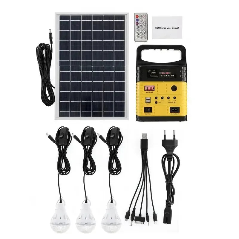 Portable Camping Solar Power Generator System Solar Panels + Radio + 3 Light Bulbs + Remote Control Outdoor Emergency Supply