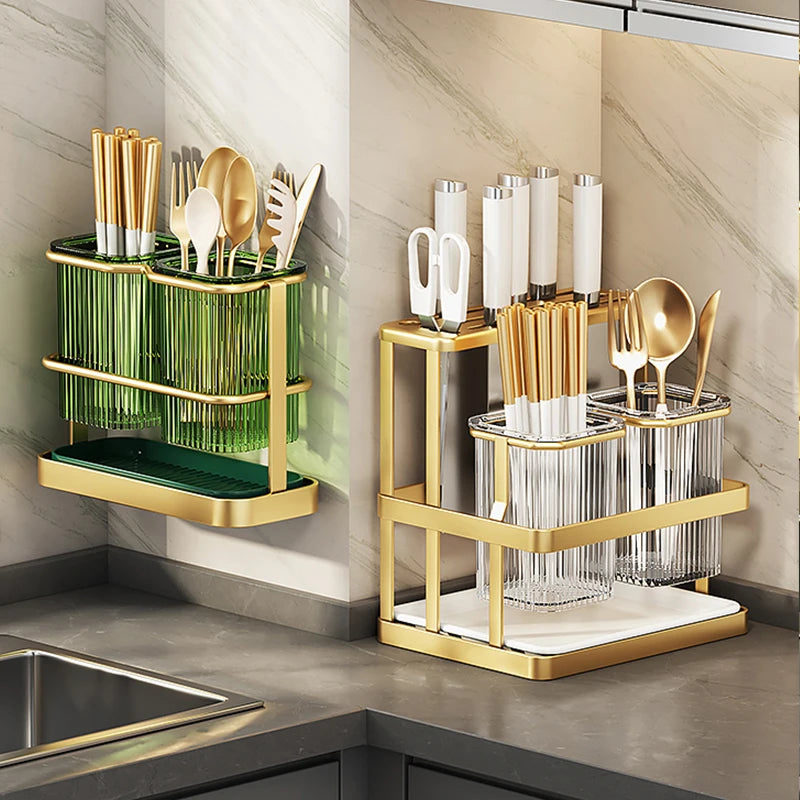 Kitchen Organizer Stand with Knife Holder & Drain Basket, 2-Tier Utensil Storage for Forks Spoons Chopsticks