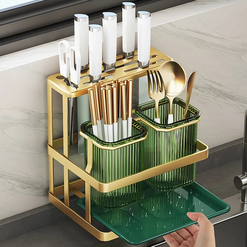 Kitchen Organizer Stand with Knife Holder & Drain Basket, 2-Tier Utensil Storage for Forks Spoons Chopsticks