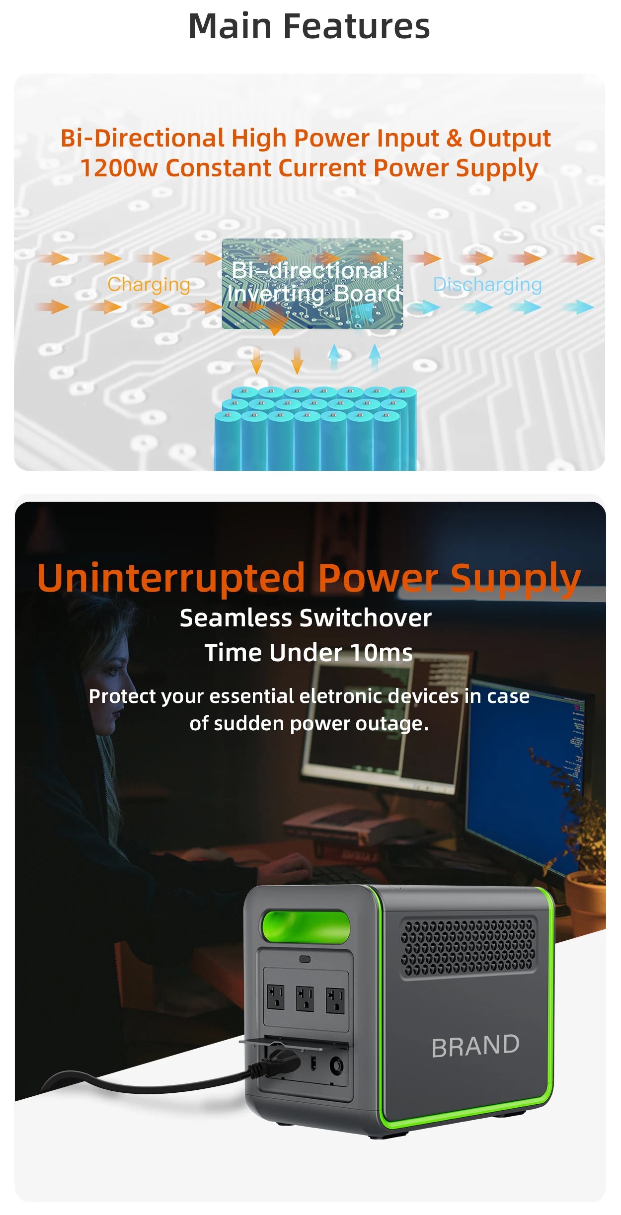 1200W Surge 2400W Portable Power Station Solar Generator Home Backup Outdoor Camping  Supply Battery  with UPS Fast Charging