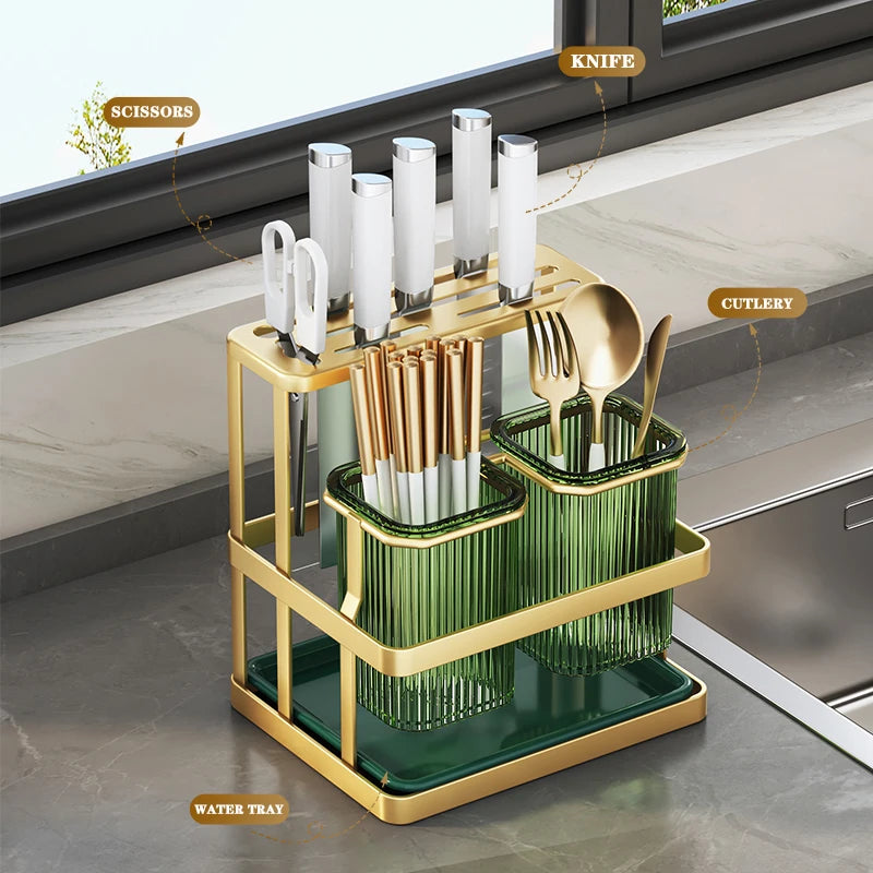 Kitchen Organizer Stand with Knife Holder & Drain Basket, 2-Tier Utensil Storage for Forks Spoons Chopsticks