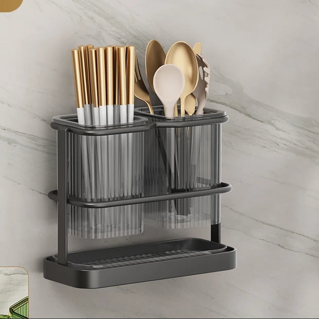 Kitchen Organizer Stand with Knife Holder & Drain Basket, 2-Tier Utensil Storage for Forks Spoons Chopsticks