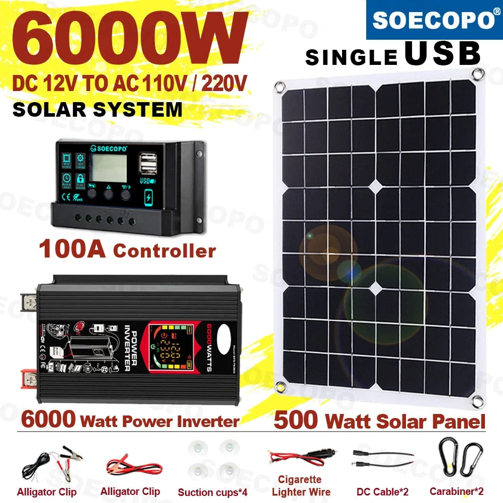 6000W Solar Generator 500W Panel 12V DC to 220V110V Inverter 100A Controller Off-Grid System for RV Camping CE RoHS