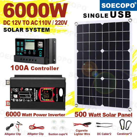 6000W Solar Generator 500W Panel 12V DC to 220V110V Inverter 100A Controller Off-Grid System for RV Camping CE RoHS