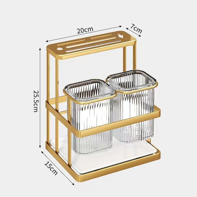 Kitchen Organizer Stand with Knife Holder & Drain Basket, 2-Tier Utensil Storage for Forks Spoons Chopsticks
