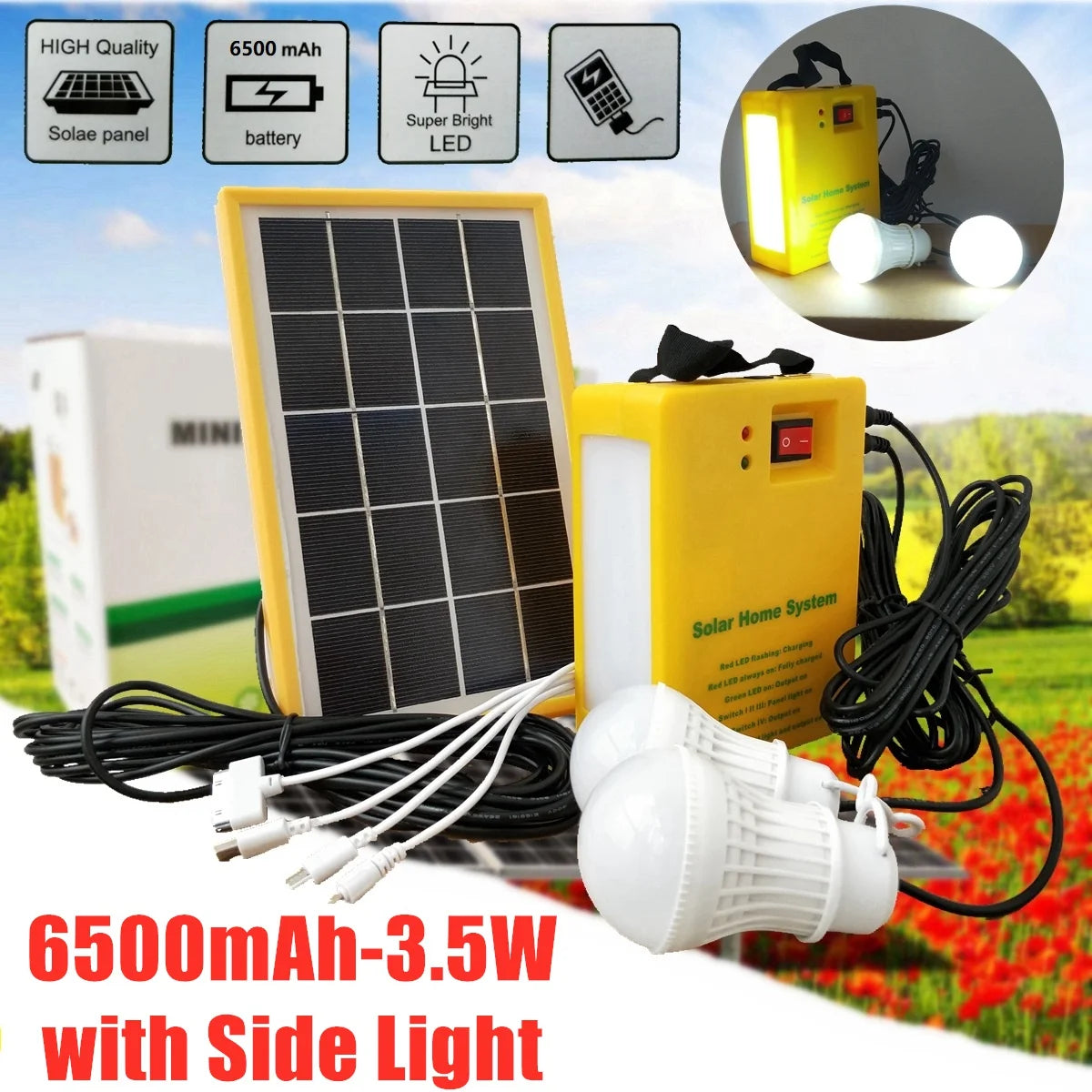 Solar Power Panel Generator Home System Kit With 3 LED Bulbs Solar Lamp Emergency Light 4 Heads USB Charging for Outdoor Garden