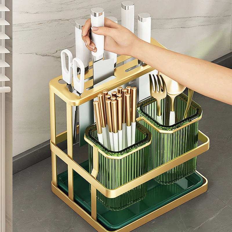 Kitchen Organizer Stand with Knife Holder & Drain Basket, 2-Tier Utensil Storage for Forks Spoons Chopsticks