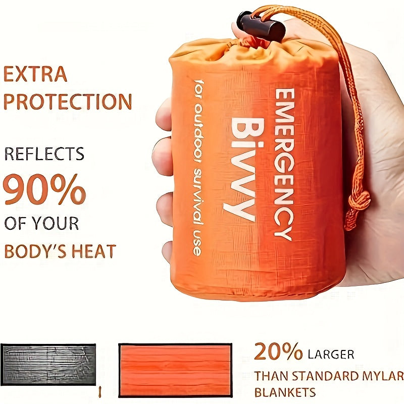 1pc Lightweight Survival Sleeping Bag - Compact Emergency Shelter, Bright Orange for High Visibility, All-Weather Thermal Insulation, Portable with Drawstring Closure for Camping, Hiking, Backpacking, Survival Kits - Extreme