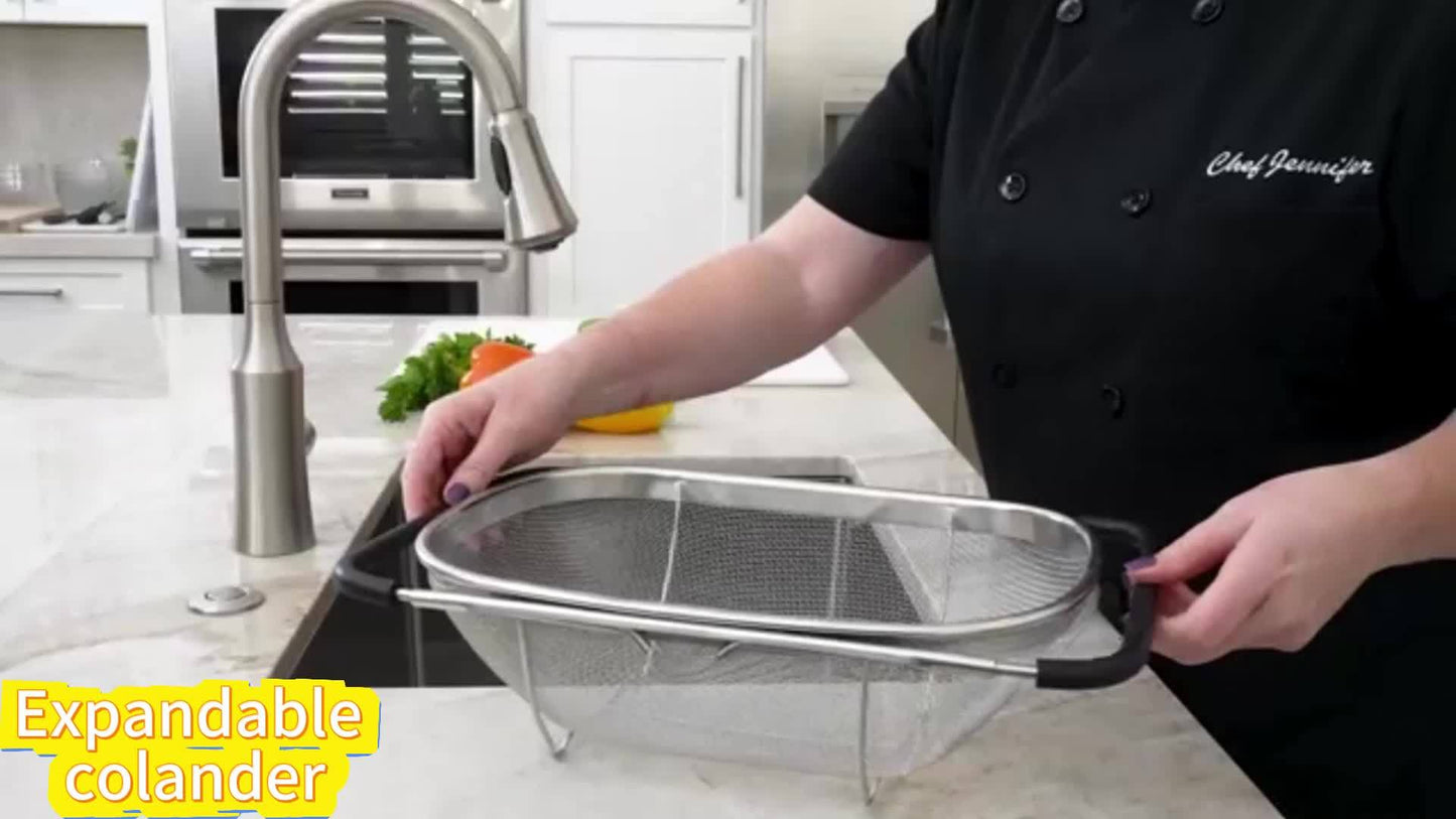 1pc, Sink Colander, Vegetable Sink Washing Basket, Fruit Drain Basket Rack, Stainless Steel Drain Basket, Strainer Basket, Adjustable Sink Rack, Multifunctional Colander, Kitchen Stuff, Kitchen Gadgets, Kitchen Accessories